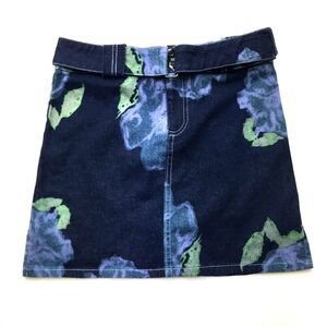 HAILEE Denim Mini Skirt Women Med Blue Purple Floral Belted USA Made Coastal